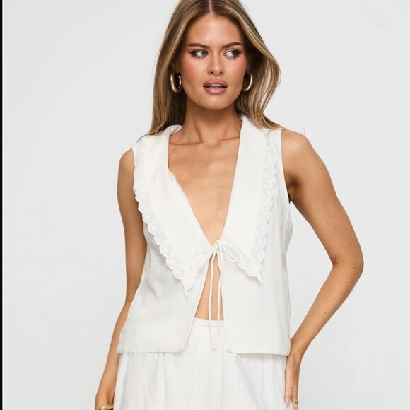 Princess Polly Haruka White Large Lace Trim Collar Tie Front Top 0 - Picture 2 of 9